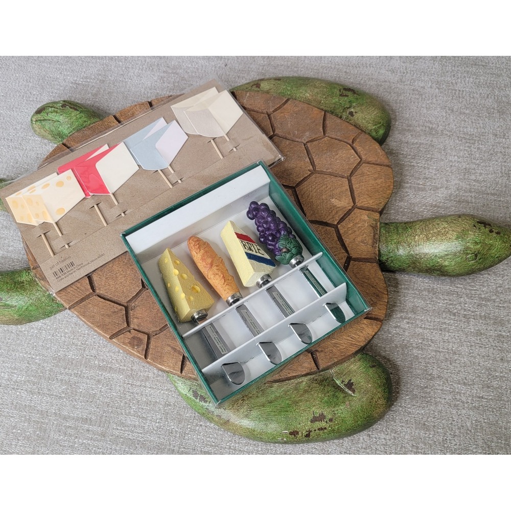 Pottery Barn Turtle Cheese Board Wood Charcuterie w Spreaders & Flags RARE! - Picture 16 of 16